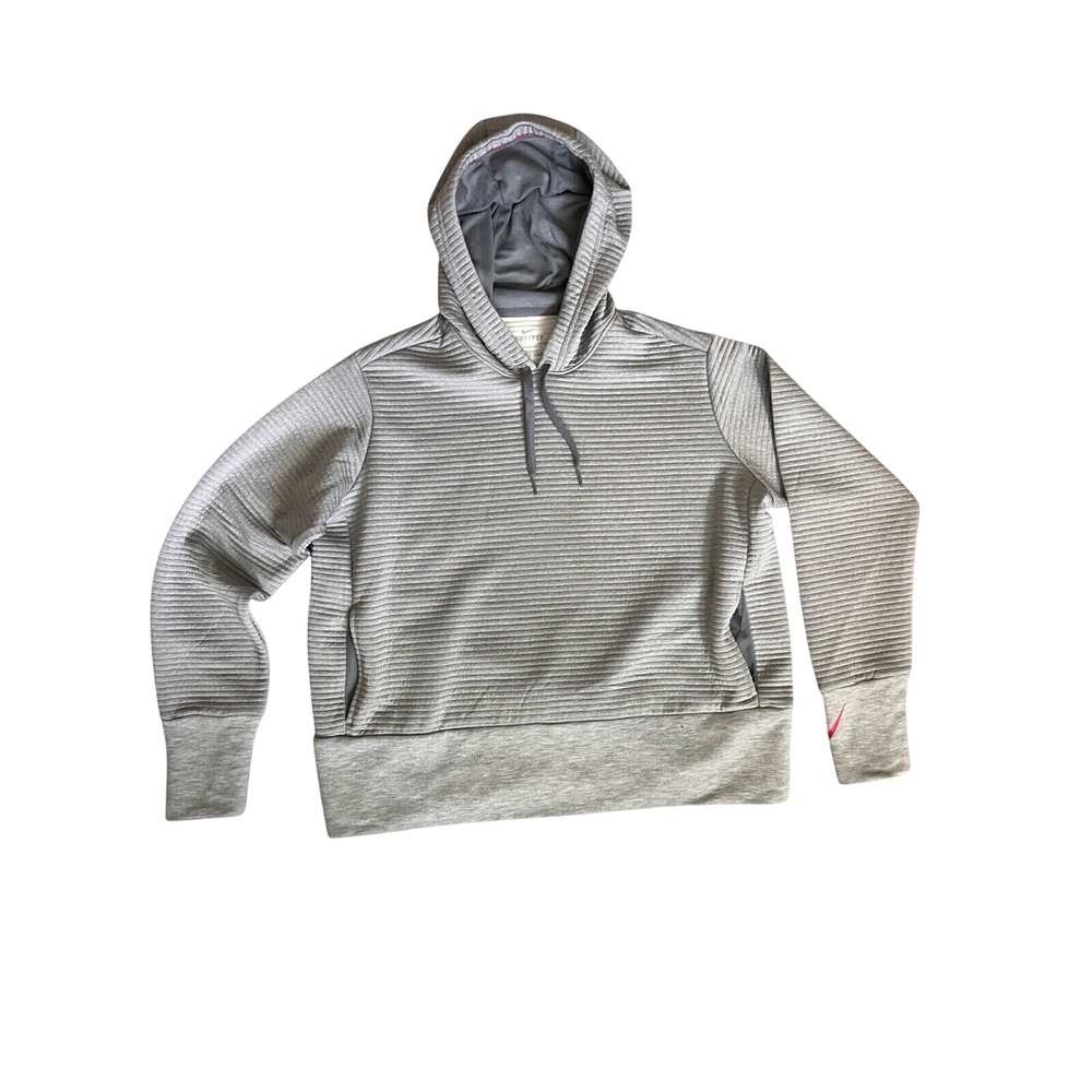 Nike Dri-FIT Women Gray Ribbed Textured Hoodie Sweatshirt Large Pink Swoosh